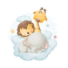 Watercolor illustration cute safari animals sleep on cloud with stars