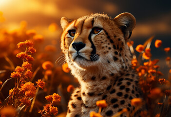 a leopard on the wilderness, in the style of realistic depiction of light, light gold and orange
