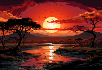 sun set and a african landscape, light red and light amber tones