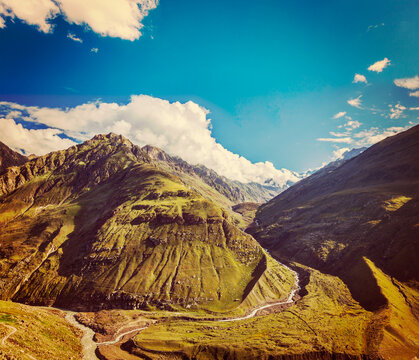 Vintage retro effect filtered hipster style travel image of Himalayan valley in Himalayas. Lahaul valley, Himachal Pradesh, India