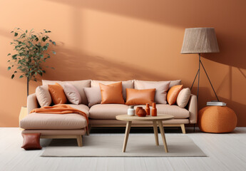 living room view in peach orange 3d render 
