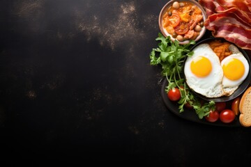 English breakfast on a plate with scrambled eggs, sausages, bacon, beans, toast and coffee on a dark stone background. ai generative