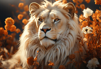 a lion in tall grass, in the style of digital painting, white and amber, realistic portrait - Powered by Adobe