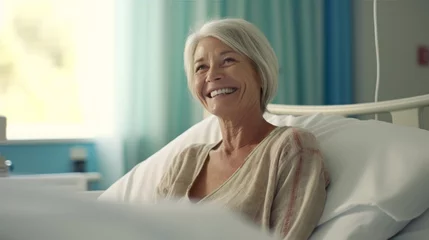Fotobehang a portrait of a beautiful mature american adult woman patient in a clinic hospital room on a bed receiving good news. happy smiling woman. perfect for ad. Generative AI © SayLi