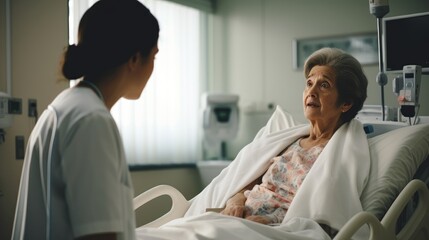 a young beautiful nurse doctor talking to a patient old woman about disease and symptoms in a clinic hospital room. perfect for ad. Generative AI