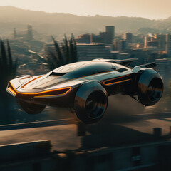 Obraz premium Advertising style concept sci-fi vehicle taking off from residence with the city skyline as the backdrop, sci-fi concept vehicle, city skyline, golden hour, futuristic flying car