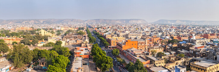 Fototapeta na wymiar Panorama of aerial view of Jaipur, Rajasthan, India