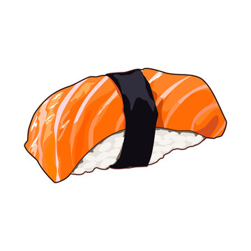 Salmon sushi,Isolated of fresh salmon sushi on white background,Japanese food vector drawing illustration,Restaurant top menu, fresh sushi, slice salmon, popular Japanese dish,Authentic Asian food