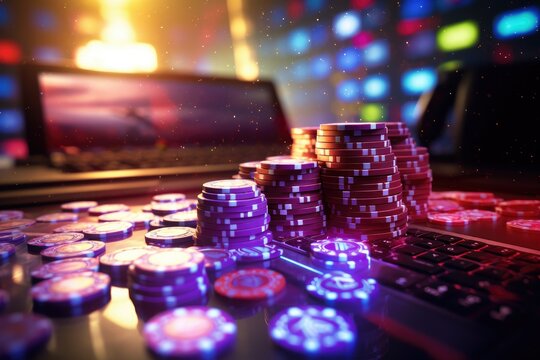 online casino, Creative poker, betting gambling casino chip soccer football basketball tennis balls, Casino background. Slot machine with roulette wheel. laptop notebook concept. Falling poker chips.