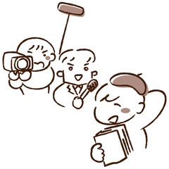 制作者にインタビューをする取材陣のイラスト