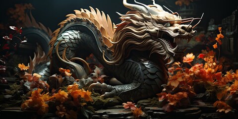 Obraz premium illustration of Chinese dragon, mythological color palette, generative AI