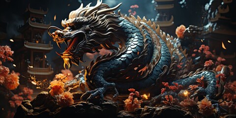 Obraz premium illustration of Chinese dragon, mythological color palette, generative AI