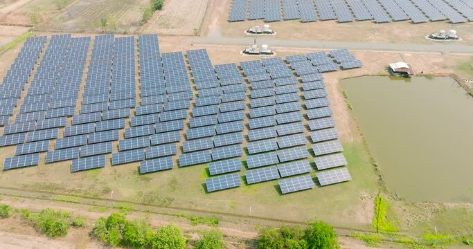 Eco Power Save Earth Solar power plant and 4K aerial view. Renewable energy. Green tech.	