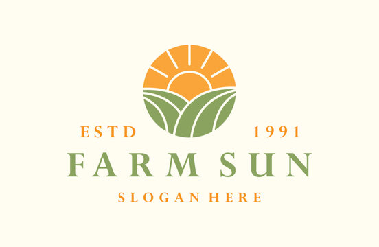 Farm sun logo vector icon illustration hipster vintage retro