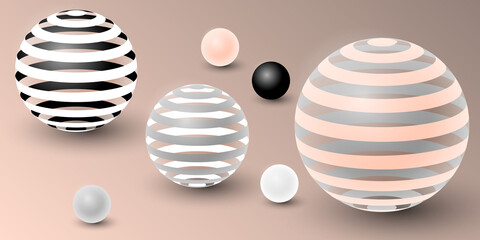 Abstract background with 3d spheres. Striped, black, pink and white bubbles. Modern cover design. An advertising banner or brochure template. Fashionable dynamic Wallpaper Horizontal