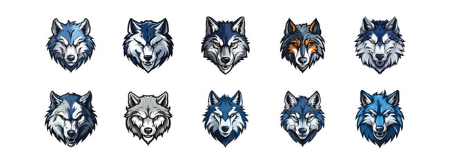 Set of Wolf mascot logo, Esports gaming emblem of different variations of Wolves, Sports Team emblem, Wolf logo collection, Animal Logo set for team, Wolf face or Wolf head logo, tshirt print design