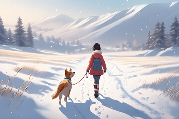 Winter date of girl and dog generative ai,