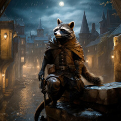 Naklejka premium Racoon at night with vintage clothes