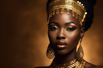 African Beauty queen with Gold Jewelry, bright background, generative AI