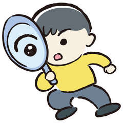 Obraz premium 虫めがねをのぞく男の子のイラスト（発見・ポイント・重要）