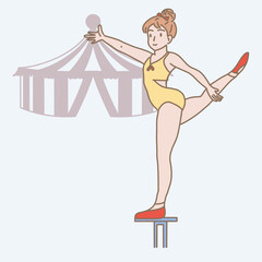Female gymnast standing on the pole. Acrobat performing on aerial acrobatics. Circus tent behind. Hand drawn flat cartoon character vector illustration.
