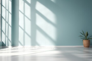 empty pastel blue background for product presentation with shadow and light from windows. created generative ai.