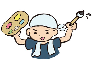 パレットと絵筆を手に持つ男性のイラスト（画家、職人）