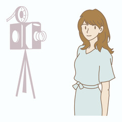 Actress in front of the film camera.  Behind the scene. Hand drawn flat cartoon character vector illustration.