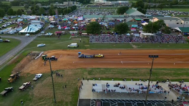 Aerial drone view of tractor pull at fairgrounds