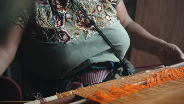 Woman Pulling and Raising Thread in Traditional Weaving Loom San Cristobal de las Casas, Zinacant&aacute;n, Chiapas, Mexico Closeup