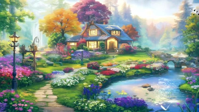 Fantasy landscape of beautiful house in mountain valley in autumn. Rural fantasy landscape background. Seamless looping video animation virtual background