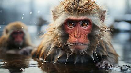 Japanese monkey, snow monkey, warm themselves in a hot spring in winter. Generative AI.