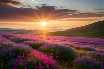 Fototapeta na wymiar lavender field at sunrise Generative AI