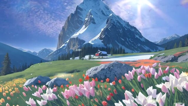 Beautiful panoramic fantasy landscape with field of tulips in anime watercolor painting illustration style on Sunny day. Seamless looping video animation virtual background