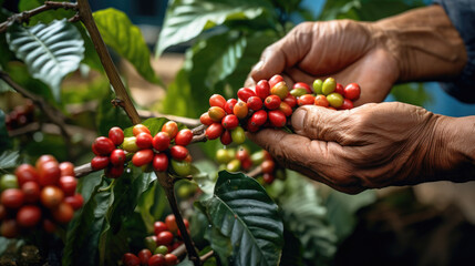 Arabica coffee berries with agriculturist hands Robusta and arabica coffee berries with agriculturist hands, Coffee plantation in Asia