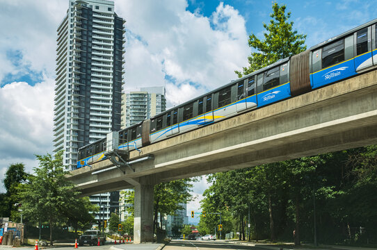 Surrey Central in Greater Vancouver BC. Elevated rail road of urban public transit system at King George Ave. in Surrey