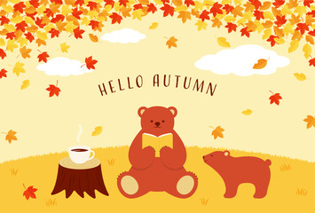 autumn vector background with a bear reading a book in the forest for banners, cards, flyers, social media wallpapers, etc.