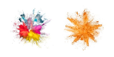 
Holi shiny color paint powder festival explosion burst isolated white background. industrial printing concept background