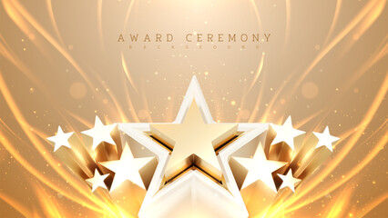 3d elegant golden star element with fire effect and glitter light effect decoration. Luxury award ceremony background design concept.