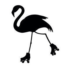 Vector flat hand drawn flamingo riding roller skates silhouette isolated on white background