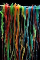 Strings of brightly colored semi-transparent slime oozing vertically, on a black background