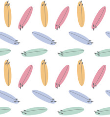 Vector seamless pattern of different color hand drawn flat surfboard isolated on white background