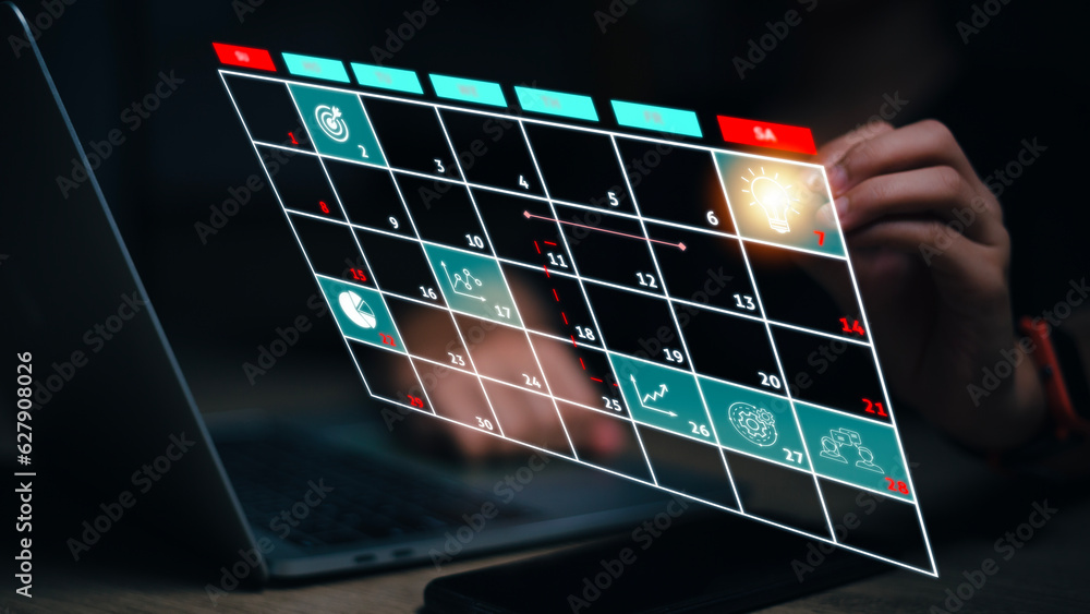 Poster work planning and business project management concept, virtual calendar screen and updating tasks an