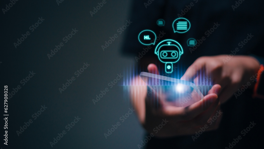 Poster women using technology smart robot ai, enter command prompt, contact for business information analys