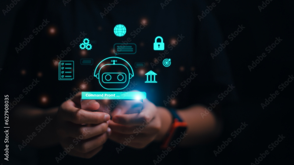 Poster women using technology smart robot ai, enter command prompt, contact for business information analys