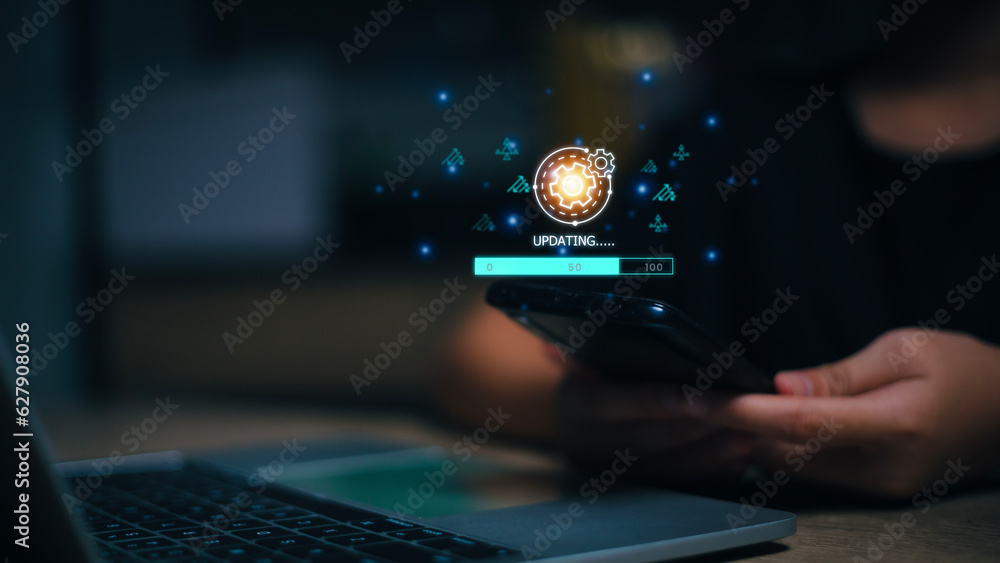Aufkleber women using technology smart robot ai, enter command prompt, contact for business information analys