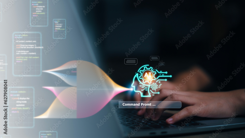 Poster women using technology smart robot ai, enter command prompt, contact for business information analys