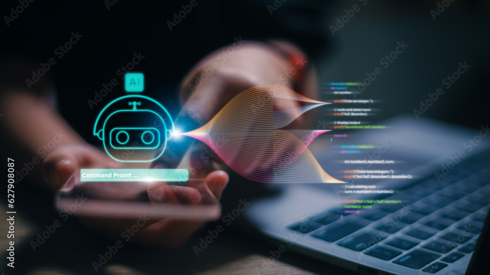 Poster women using technology smart robot ai, enter command prompt, contact for business information analys