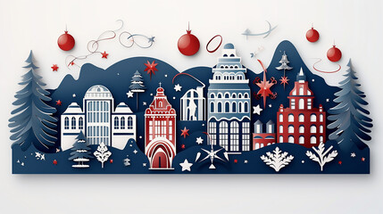 A papercut style of Christmas New Year. papercut winter city card illustration. Generative AI