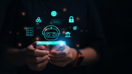 Women using technology smart robot AI, enter command prompt, contact for business information analysis, and futuristic technology transformation. ChatGPT Chat concept AI, Artificial Intelligence.